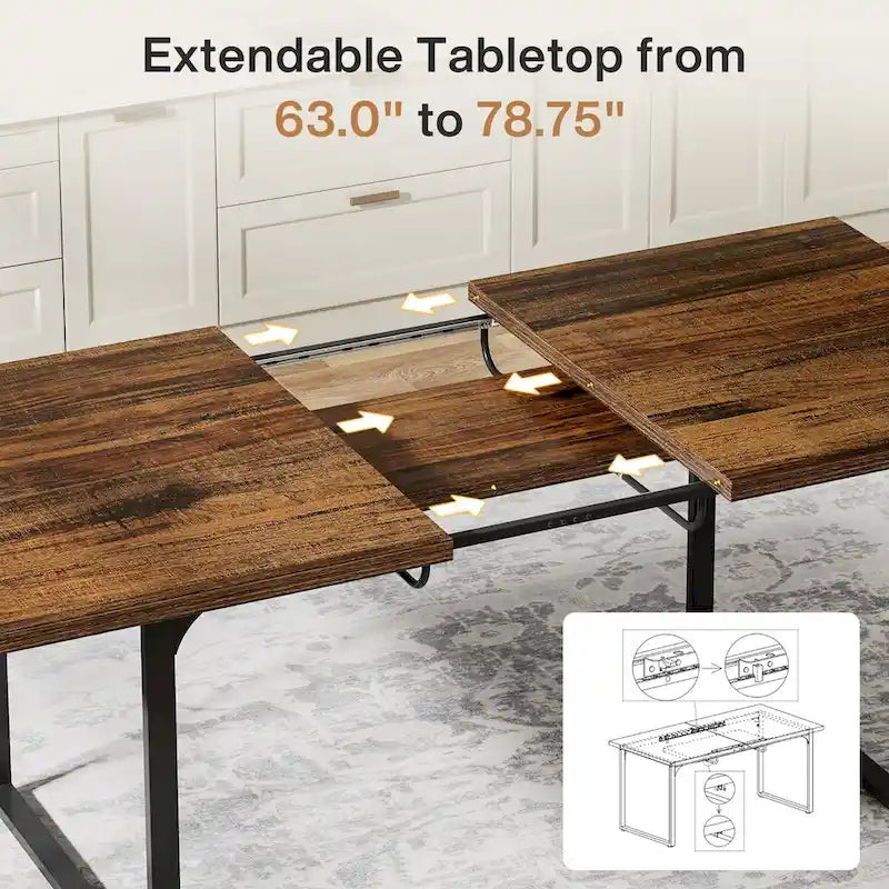 Mesa de comedor extensible para 6-8 personas, mesa de cena rectangular de madera con estructura de metal