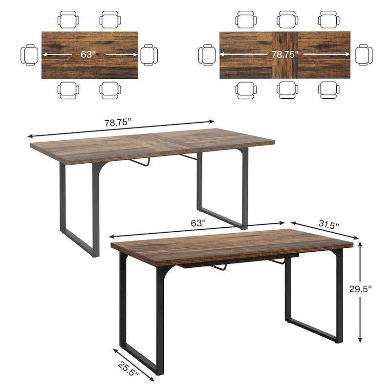 Mesa de comedor extensible para 6-8 personas, mesa de cena rectangular de madera con estructura de metal