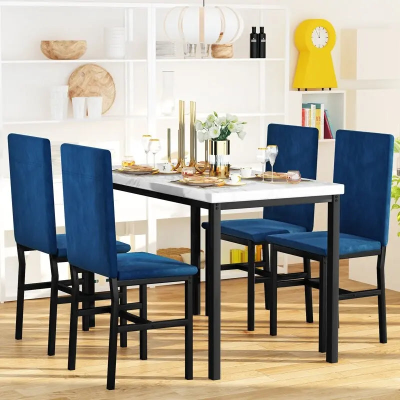 Mesa de Comedor para 4, Mesa de Cocina de Mármol Sintético con Sillas de Terciopelo para Espacios Pequeños, Rincón de Desayuno, Sala de Estar