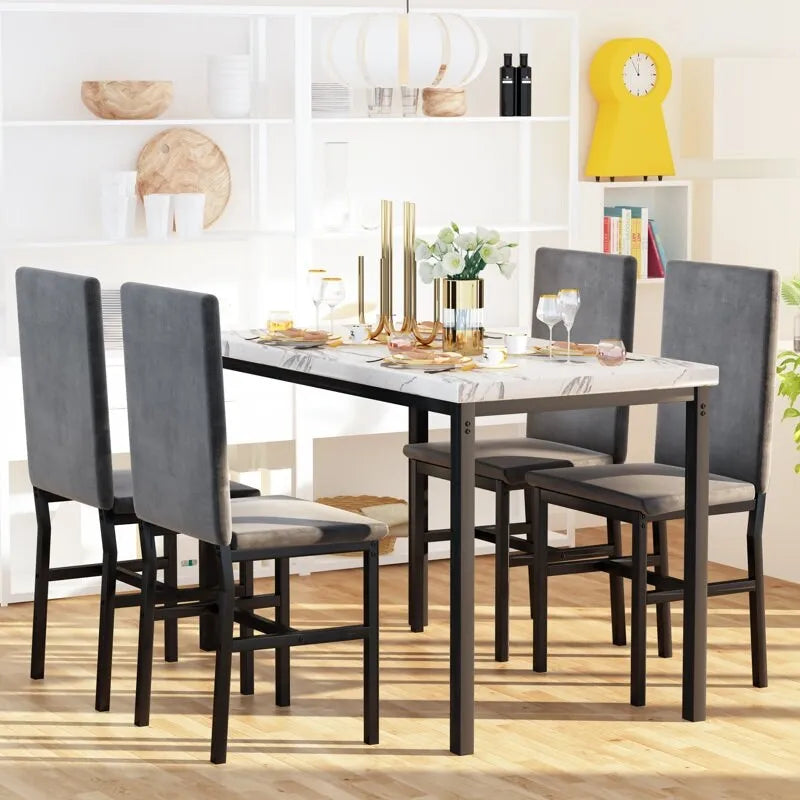 Mesa de Comedor para 4, Mesa de Cocina de Mármol Sintético con Sillas de Terciopelo para Espacios Pequeños, Rincón de Desayuno, Sala de Estar