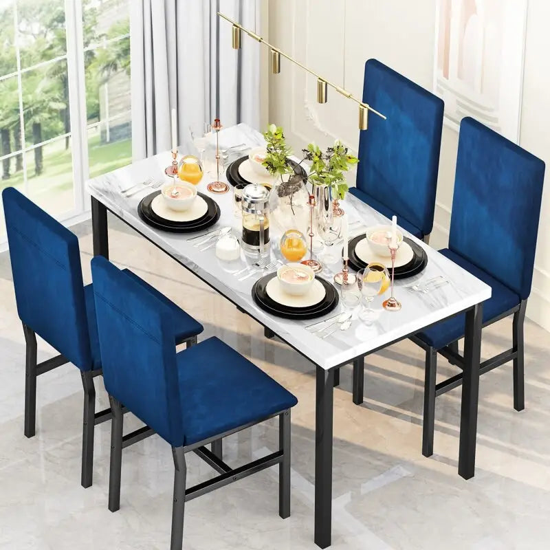 Mesa de Comedor para 4, Mesa de Cocina de Mármol Sintético con Sillas de Terciopelo para Espacios Pequeños, Rincón de Desayuno, Sala de Estar