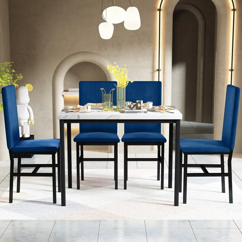 Mesa de Comedor para 4, Mesa de Cocina de Mármol Sintético con Sillas de Terciopelo para Espacios Pequeños, Rincón de Desayuno, Sala de Estar