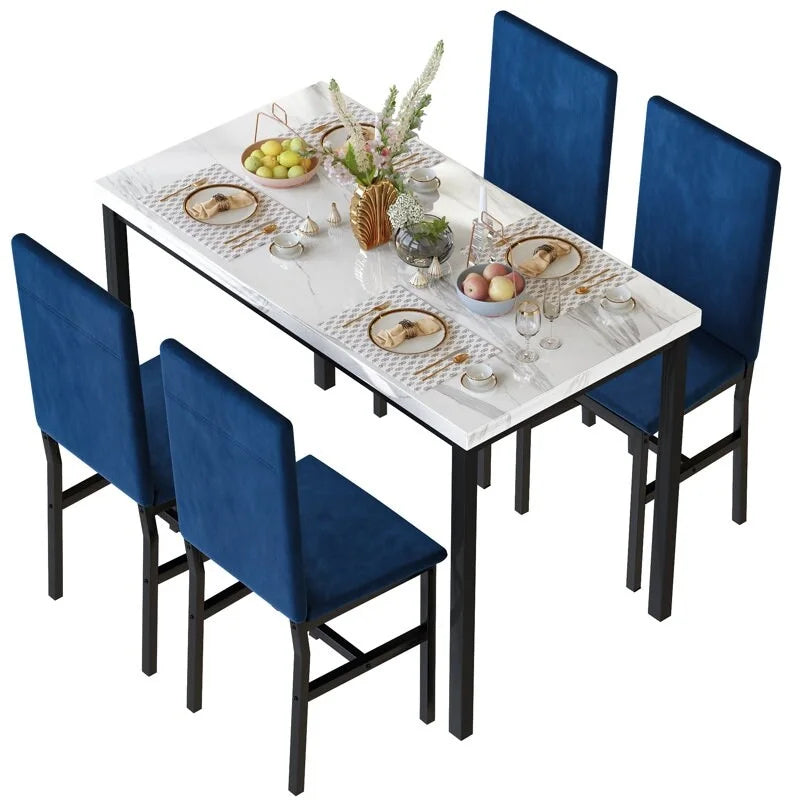 Mesa de Comedor para 4, Mesa de Cocina de Mármol Sintético con Sillas de Terciopelo para Espacios Pequeños, Rincón de Desayuno, Sala de Estar