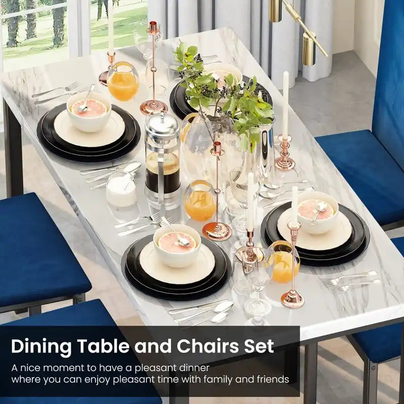 Mesa de Comedor para 4, Mesa de Cocina de Mármol Sintético con Sillas de Terciopelo para Espacios Pequeños, Rincón de Desayuno, Sala de Estar