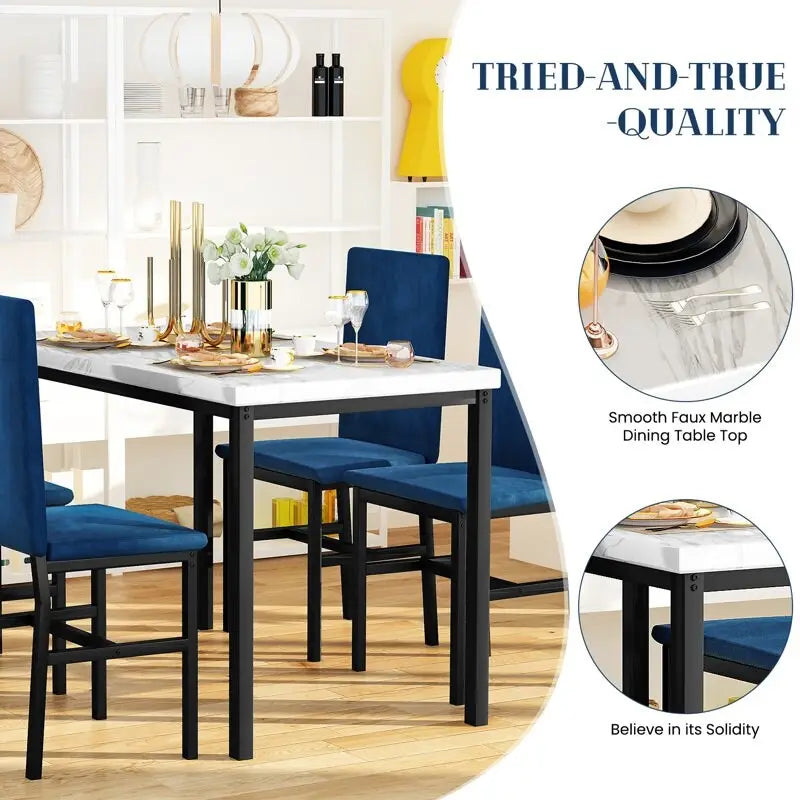 Mesa de Comedor para 4, Mesa de Cocina de Mármol Sintético con Sillas de Terciopelo para Espacios Pequeños, Rincón de Desayuno, Sala de Estar