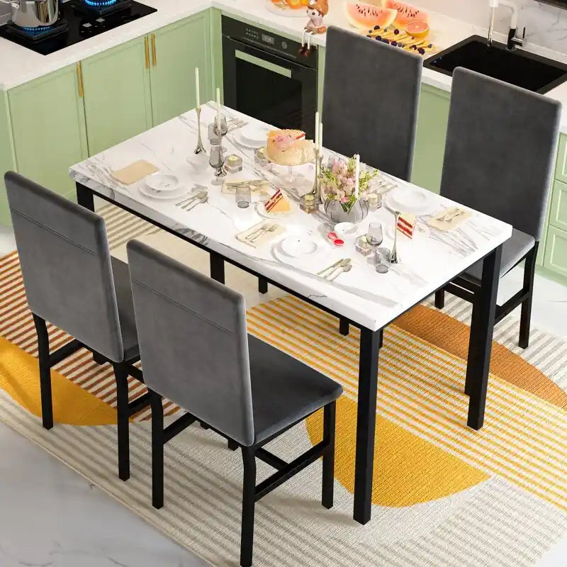 Mesa de Comedor para 4, Mesa de Cocina de Mármol Sintético con Sillas de Terciopelo para Espacios Pequeños, Rincón de Desayuno, Sala de Estar