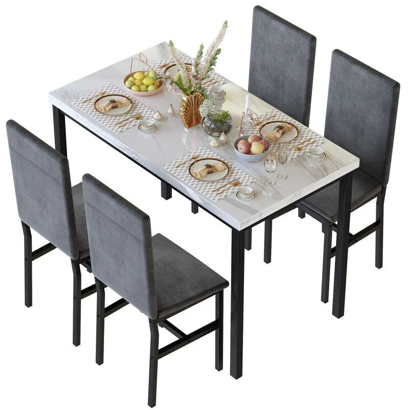 Mesa de Comedor para 4, Mesa de Cocina de Mármol Sintético con Sillas de Terciopelo para Espacios Pequeños, Rincón de Desayuno, Sala de Estar