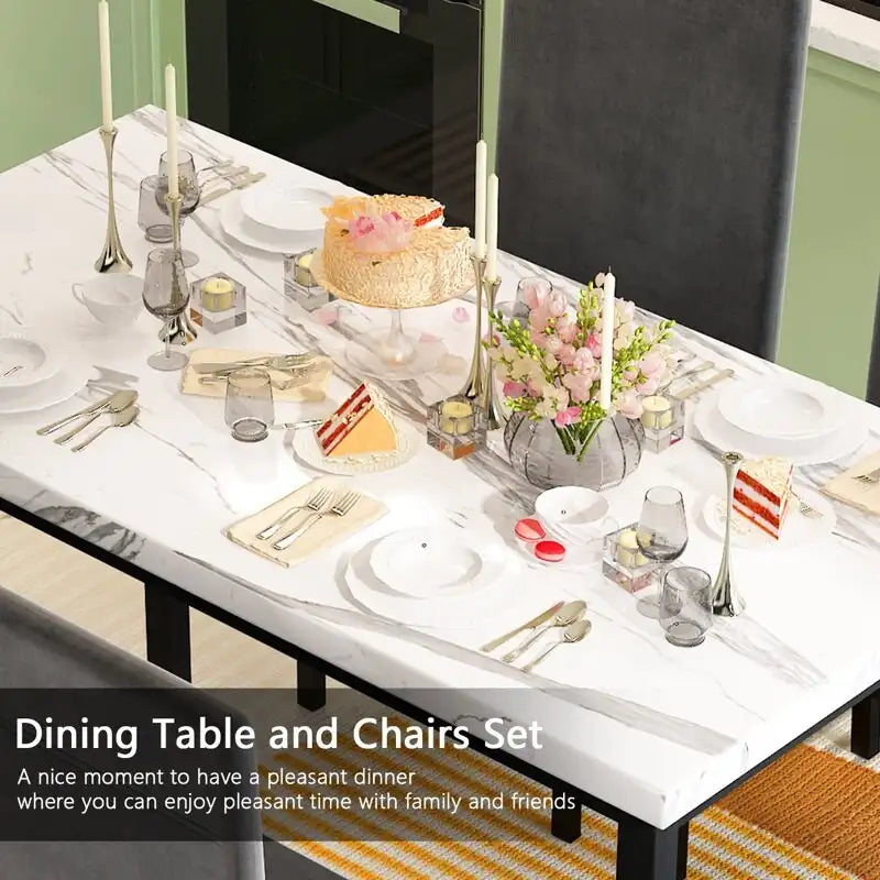 Mesa de Comedor para 4, Mesa de Cocina de Mármol Sintético con Sillas de Terciopelo para Espacios Pequeños, Rincón de Desayuno, Sala de Estar