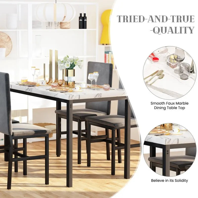Mesa de Comedor para 4, Mesa de Cocina de Mármol Sintético con Sillas de Terciopelo para Espacios Pequeños, Rincón de Desayuno, Sala de Estar