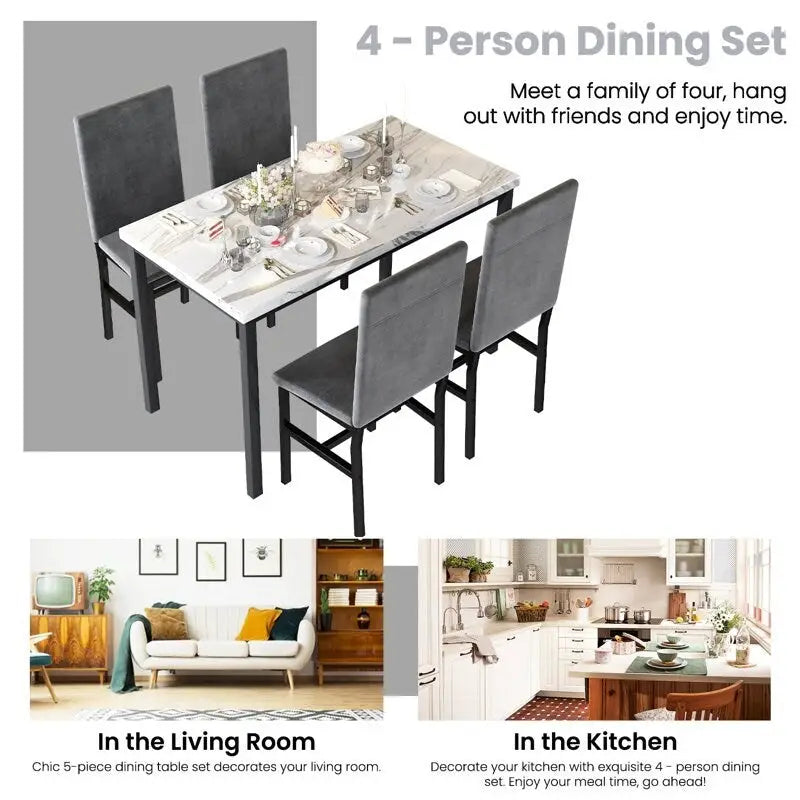 Mesa de Comedor para 4, Mesa de Cocina de Mármol Sintético con Sillas de Terciopelo para Espacios Pequeños, Rincón de Desayuno, Sala de Estar