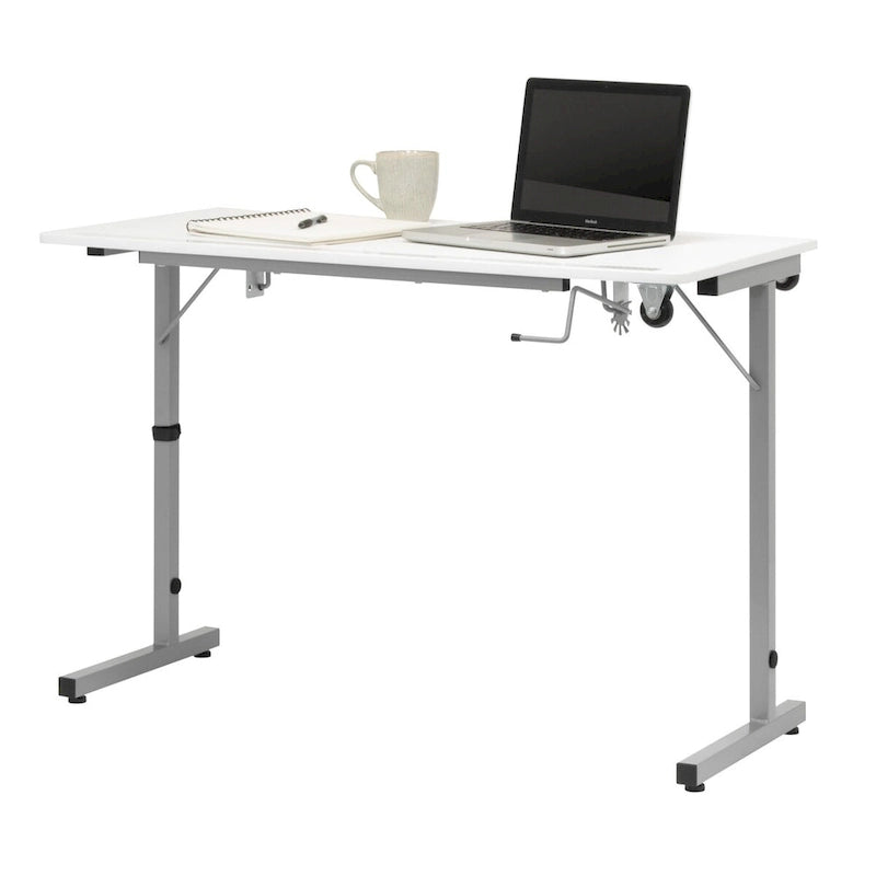 Mesa de costura plegable portátil plateada/blanca con ruedas