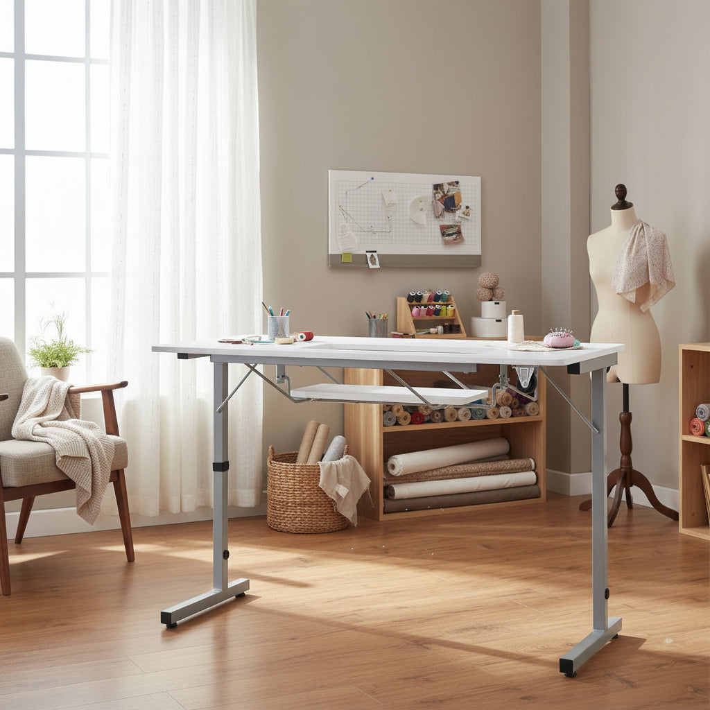 Mesa de costura plegable portátil plateada/blanca con ruedas
