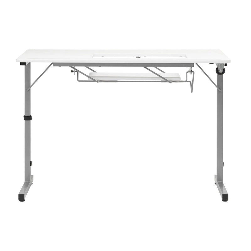 Mesa de costura plegable portátil plateada/blanca con ruedas