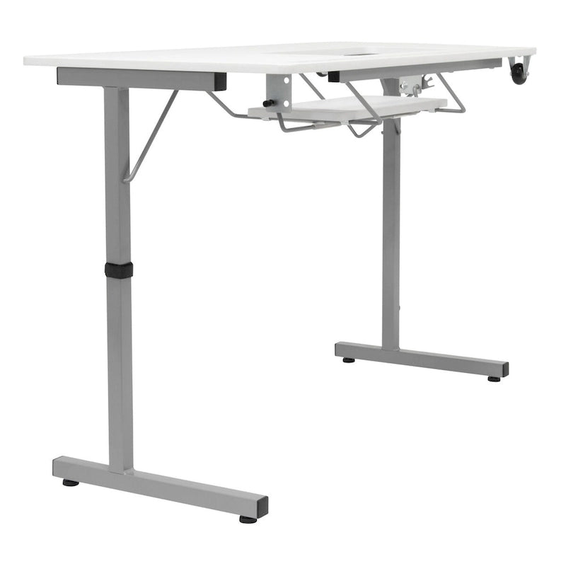Mesa de costura plegable portátil plateada/blanca con ruedas