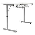 Mesa de costura plegable portátil plateada/blanca con ruedas