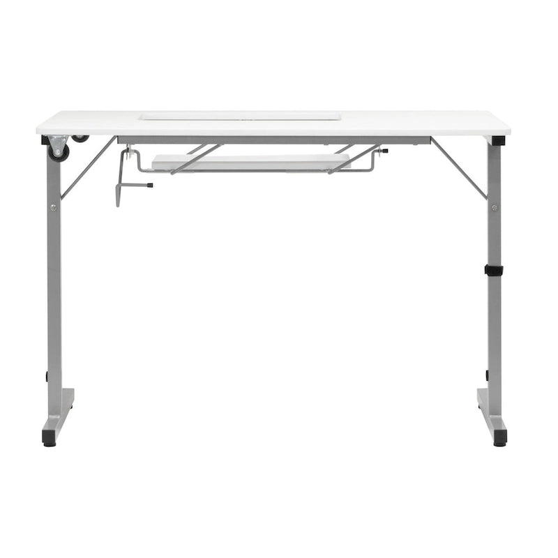 Mesa de costura plegable portátil plateada/blanca con ruedas