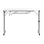 Mesa de costura plegable portátil plateada/blanca con ruedas