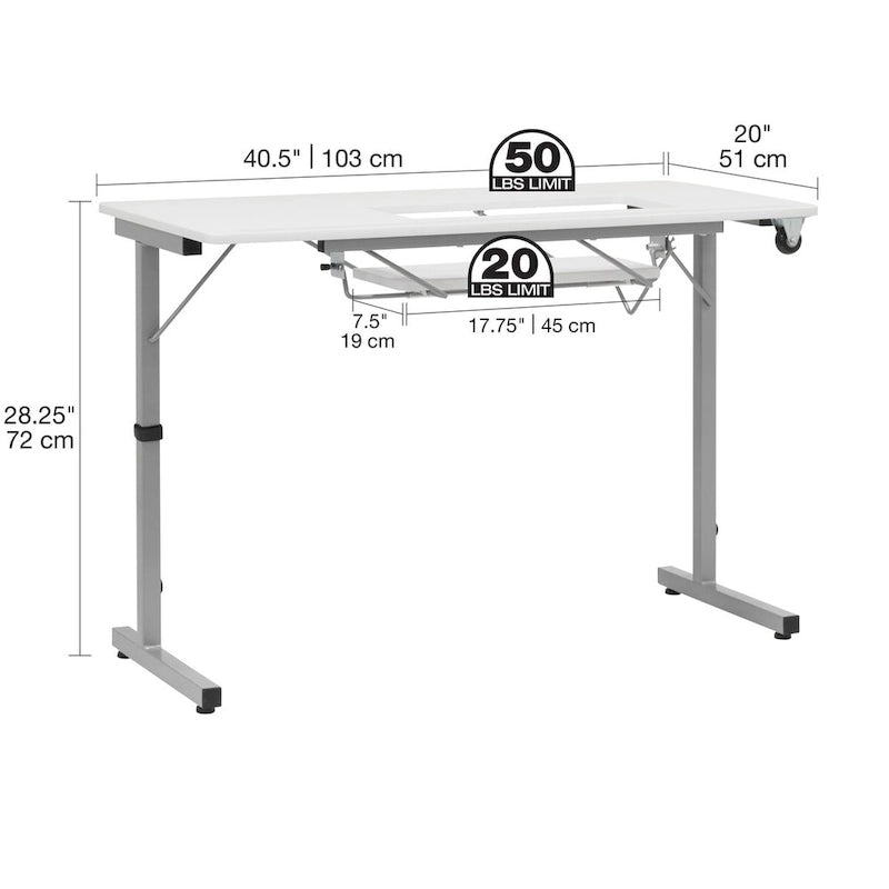 Mesa de costura plegable portátil plateada/blanca con ruedas