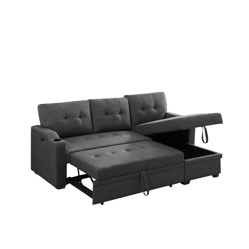 Sofá Seccional Sleeper Gris Oscuro de 83 Pulgadas con Portavasos, Puerto de Carga USB y Bolsillo - 83 An. x 54 Pr. x 35 Al.