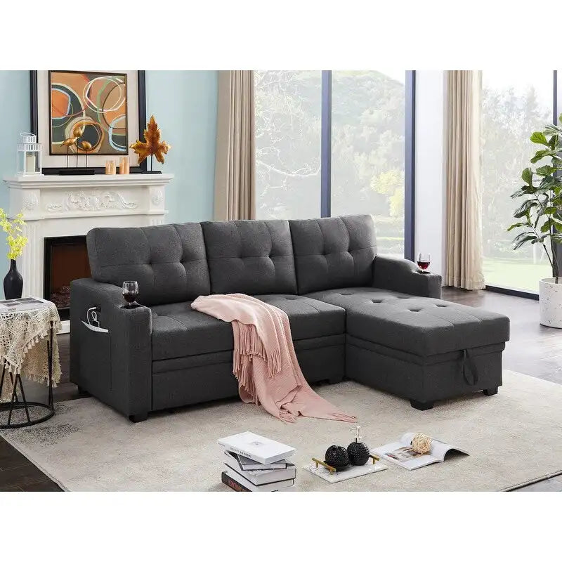 Sofá Seccional Sleeper Gris Oscuro de 83 Pulgadas con Portavasos, Puerto de Carga USB y Bolsillo - 83 An. x 54 Pr. x 35 Al.