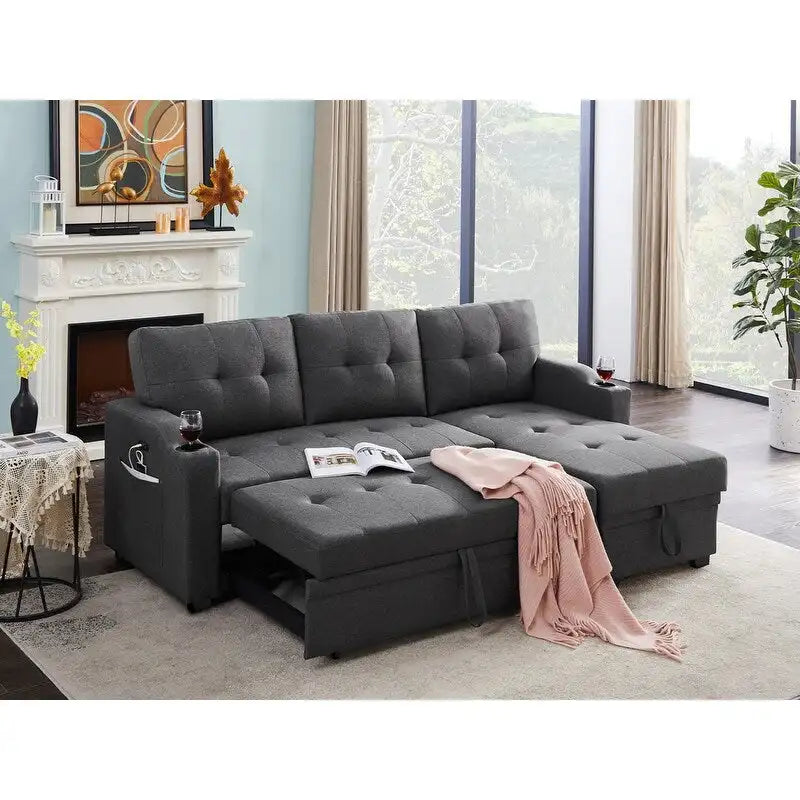 Sofá Seccional Sleeper Gris Oscuro de 83 Pulgadas con Portavasos, Puerto de Carga USB y Bolsillo - 83 An. x 54 Pr. x 35 Al.