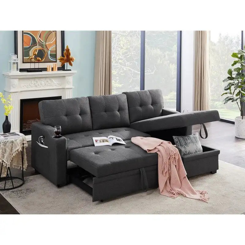 Sofá Seccional Sleeper Gris Oscuro de 83 Pulgadas con Portavasos, Puerto de Carga USB y Bolsillo - 83 An. x 54 Pr. x 35 Al.