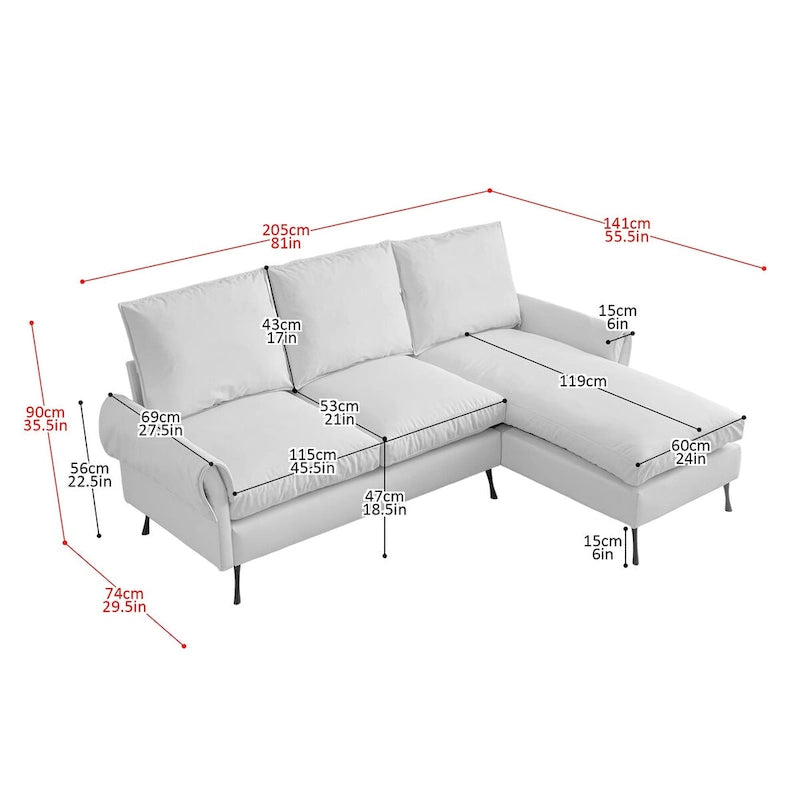 Sofá moderno en forma de L de piel sintética con chaise longue reversible