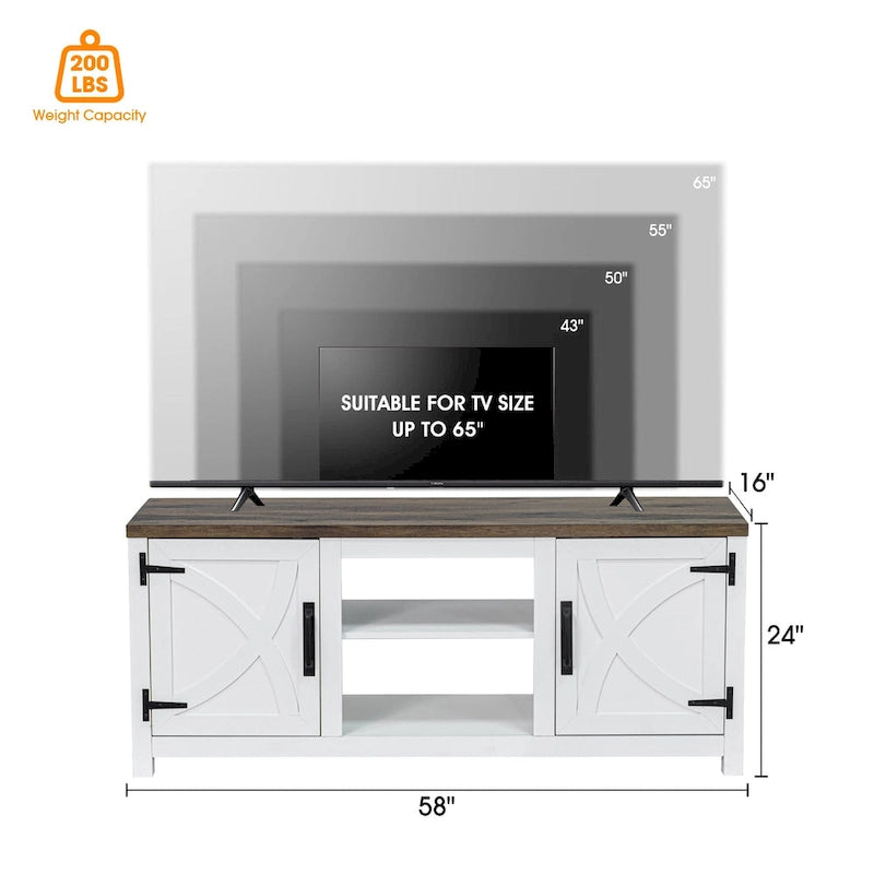 Mueble de TV de 58 pulgadas estilo granja con puerta corredera blanca para televisores de hasta 65 pulgadas