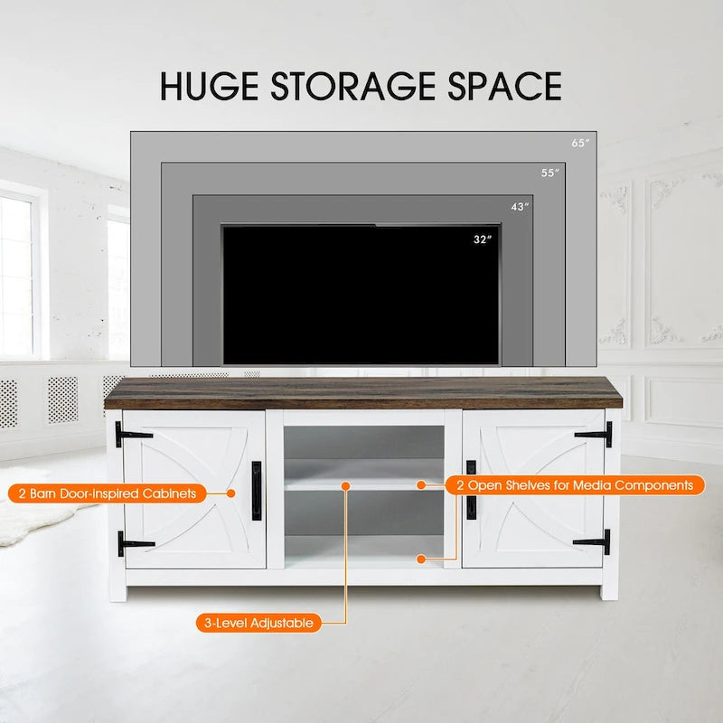 Mueble de TV de 58 pulgadas estilo granja con puerta corredera blanca para televisores de hasta 65 pulgadas