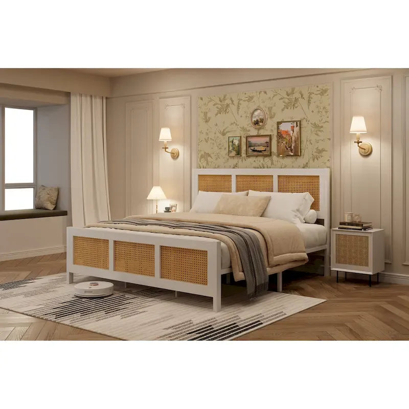 Estructura de cama de ratán con cabecero