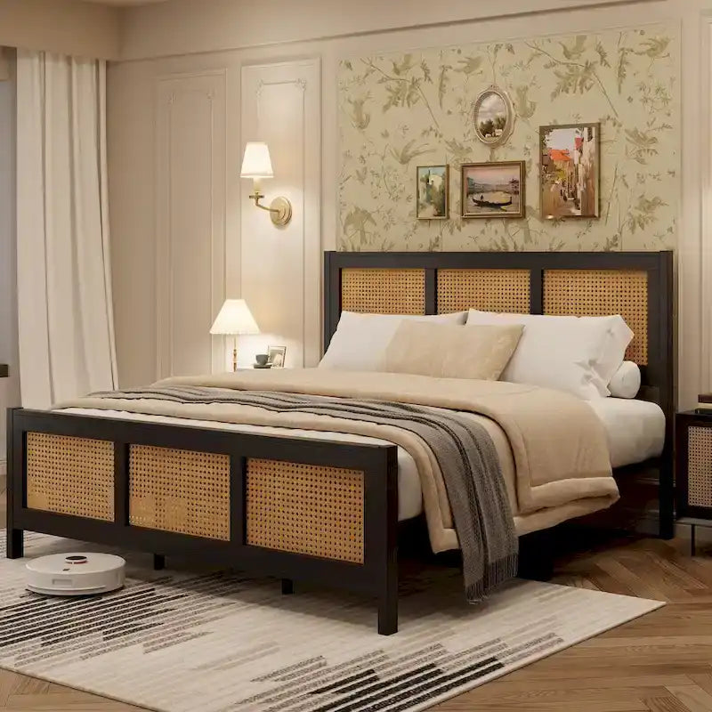 Estructura de cama de ratán con cabecero