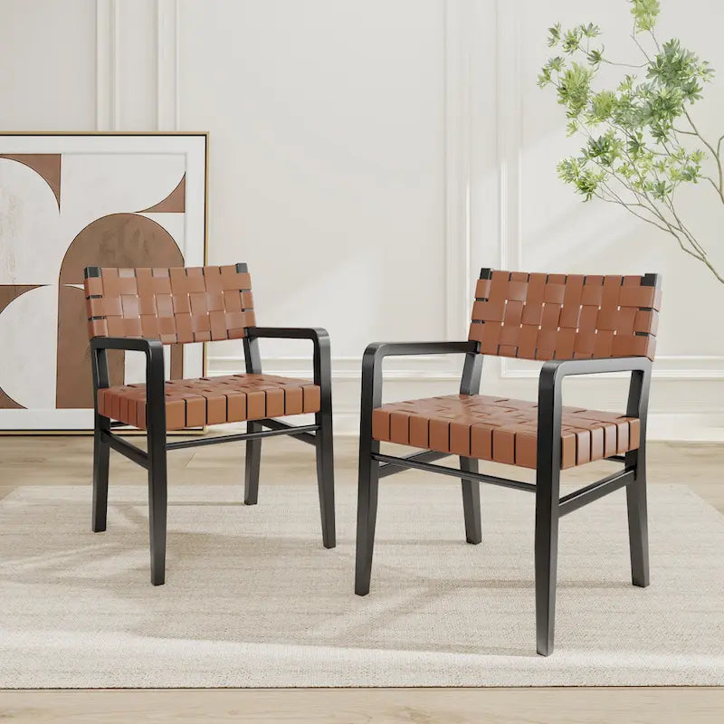 Sillas de comedor de Rubberwood con brazos y cuero trenzado