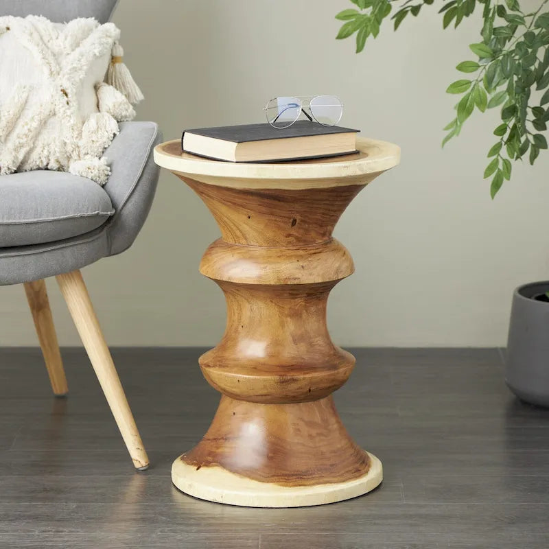 Mesa auxiliar geométrica de madera hecha a mano - Marrón